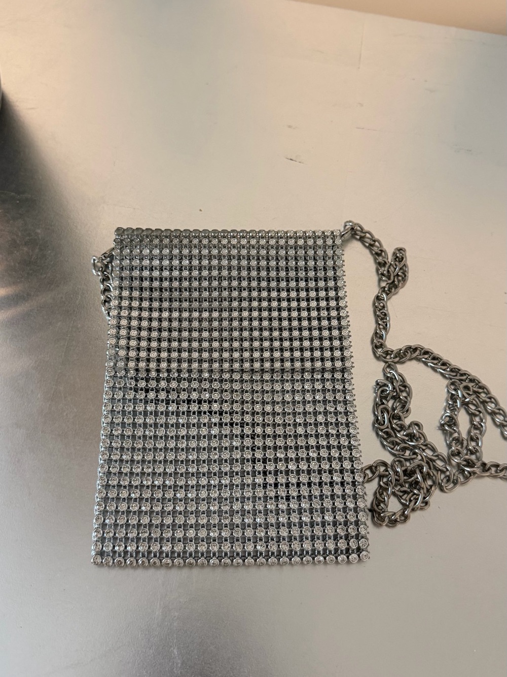 Silver Crystal Mesh Crossbody Bag with Chain Strap